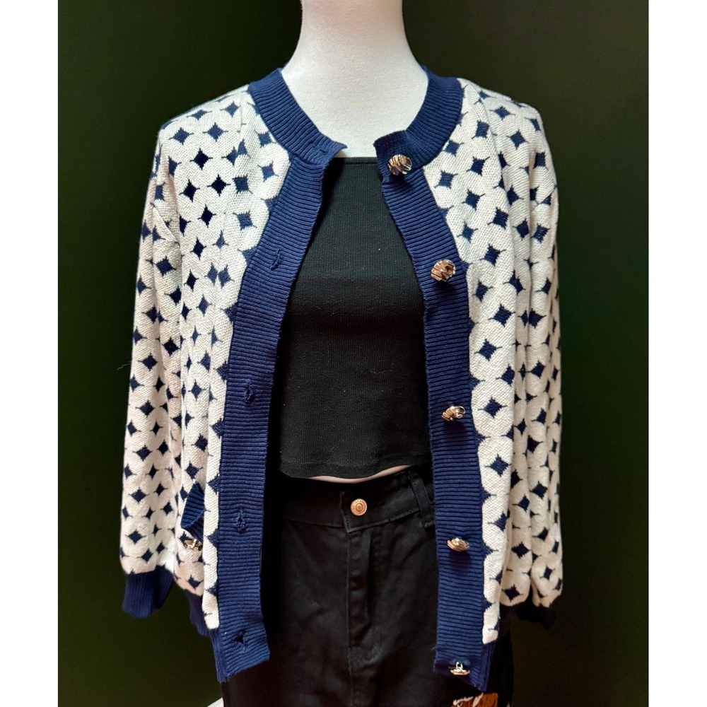 Eloquii Navy Blue & White Unique Pattern Button Up Cardigan Women's 14/16